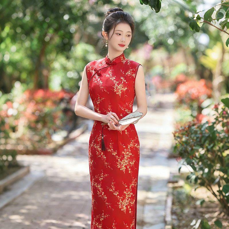Women Sleeveless Modified Cheongsam, Vintage Floral Chinese Style Midi Qipao Dress, Elegant Formal Split Dress