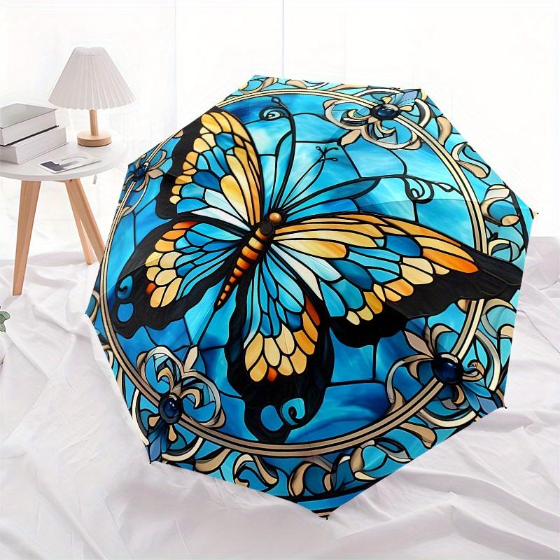 Stunning Stained Butterfly Window PanelUmbrella, Portable 3-Fold Compact Umbrella,Christmas Gift ES530