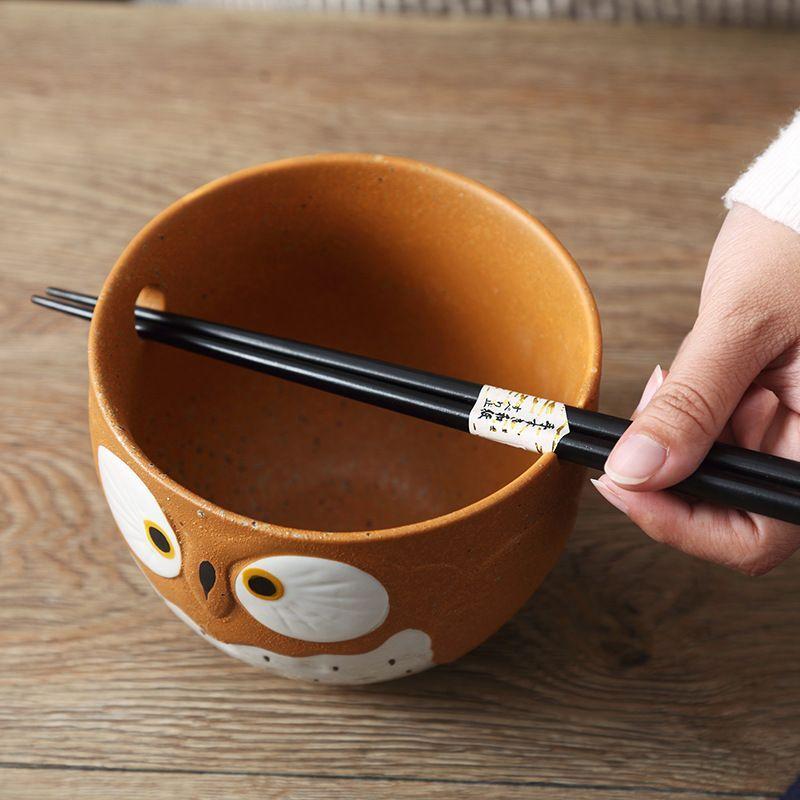 BEPAN Japanese Owl Chopstick Bowl Single Tableware Household Instant Noodles with Perforated Ceramic Simple Rice Bowl