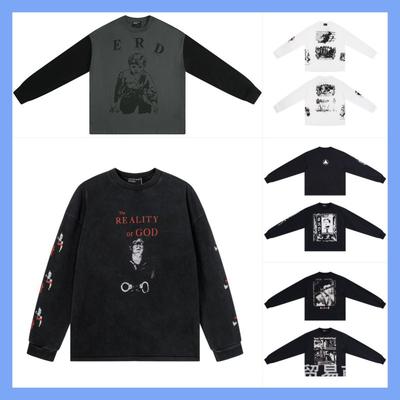 ERD Distressed Graphic Long Sleeve T-Shirt Men Streetwear Casual Cotton Tee