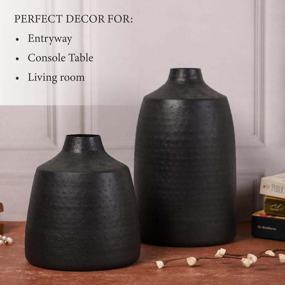 Metall Runde Vase für Wohnzimmer 12" X 7" Gehämmert Schwarz Vase für Trocken-/Kunstblumen, Vintage Deko für Wohnzimmer,