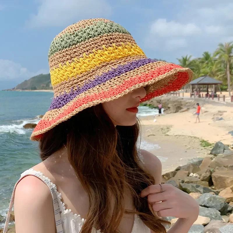 

Rainbow Straw Hat for Women: Summer Sun Visor, Handmade Crochet Big Brim Bucket Hat, Boho Fashion Beach Sun Hat free size хаки