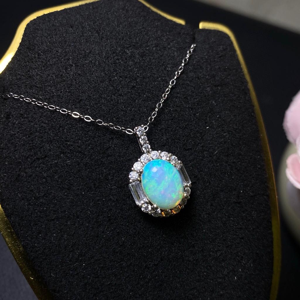 High Quality Gemstone Jewelry  Natural Opal 925 Sterling Silver Oval Cut Halo Opal Women's Pendant Necklace