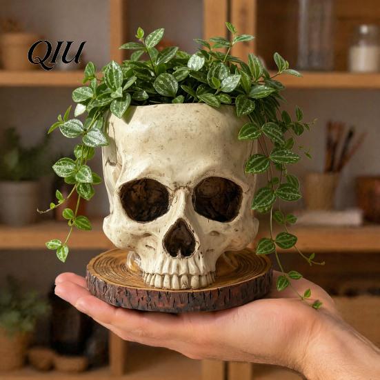 Realistic Human Skull Sculpture Halloween Retro Planter, Spooky Gothic Head Flower Pot, Themed Art Skeleton Candy Bowl Decoration for Tabletop