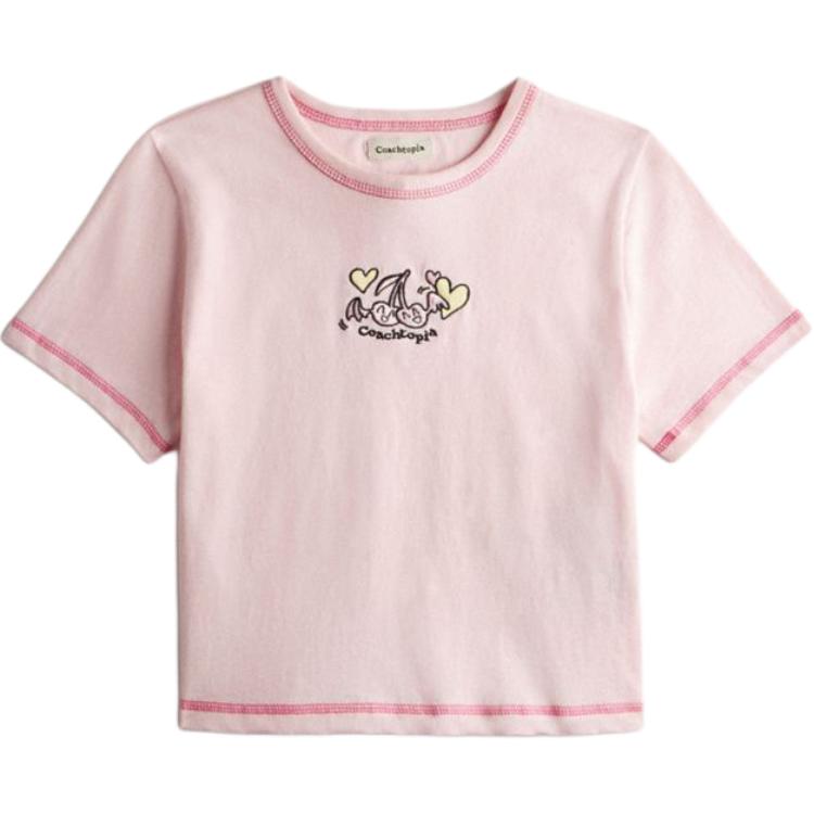 Coach Solid Color Printed Round Neck T-Shirt Unisex Tops Pink CS255-M05