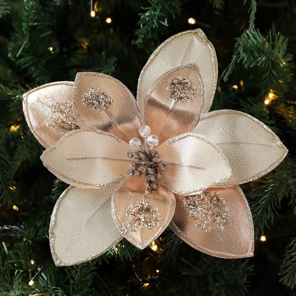 Sparkling Artificial Poinsettia Flower Pick Sequins Christmas Tree Floral Spray Wedding Party