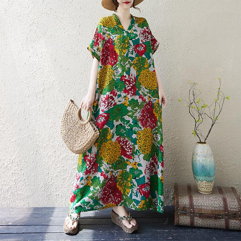 

Dimanaf Новое летнее платье большого размера 2025 с цветочным принтом и V-образным вырезом для женщин, базовое повседневное платье с коротким рукавом, свободное длинное платье One Size зелёный
