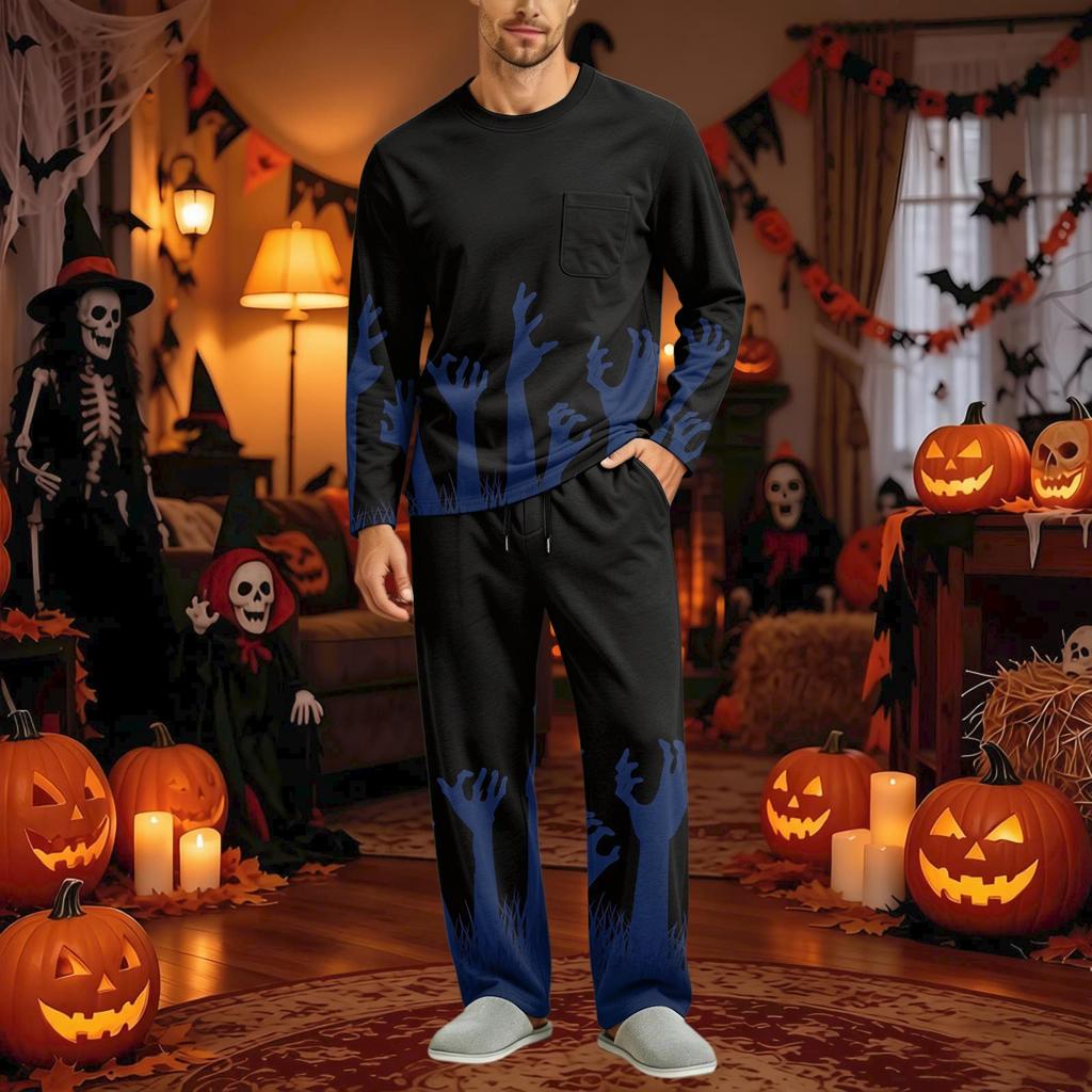 Men's Halloween Pajama Set Long Sleeve with Button Crotch and Elastic Waist Drawstring for Holiday Sleepwear