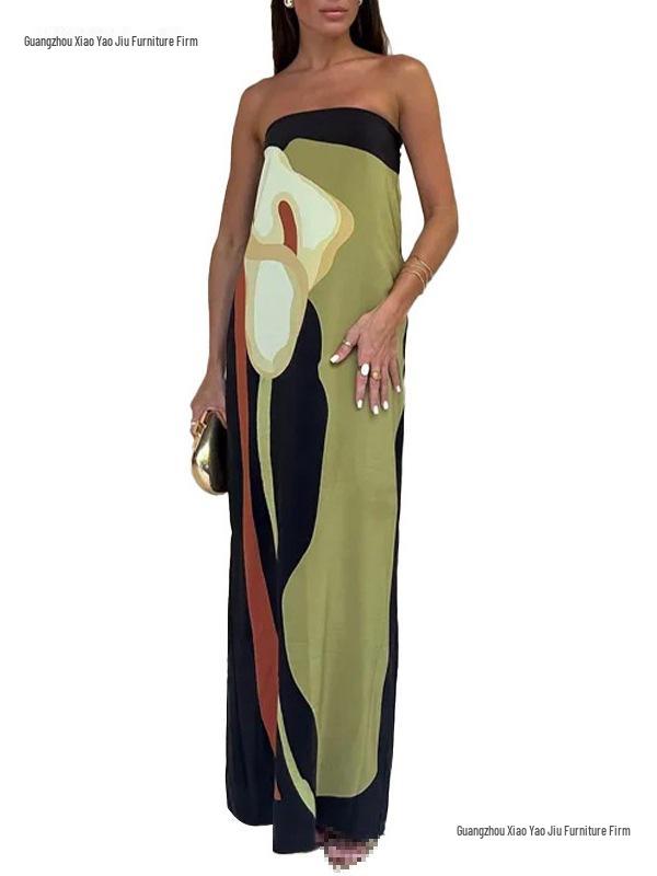 2026 Spring European & American Women's Off-the-Shoulder Sleeveless Backless Printed Dress