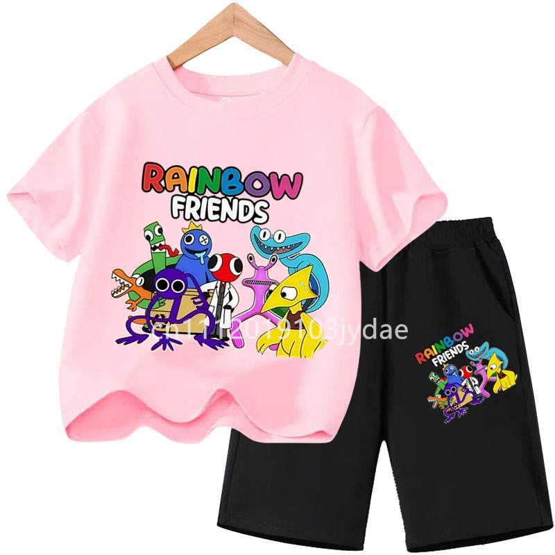 Girls Boys Summer Short Sleeve Tshirt Set Cartoon Tee Tops Game Anime Shirts Kids Rainbow T-shirt
