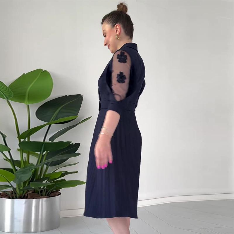 2024 Summer Women's Solid Color Mesh-Paneled Pleated Dress