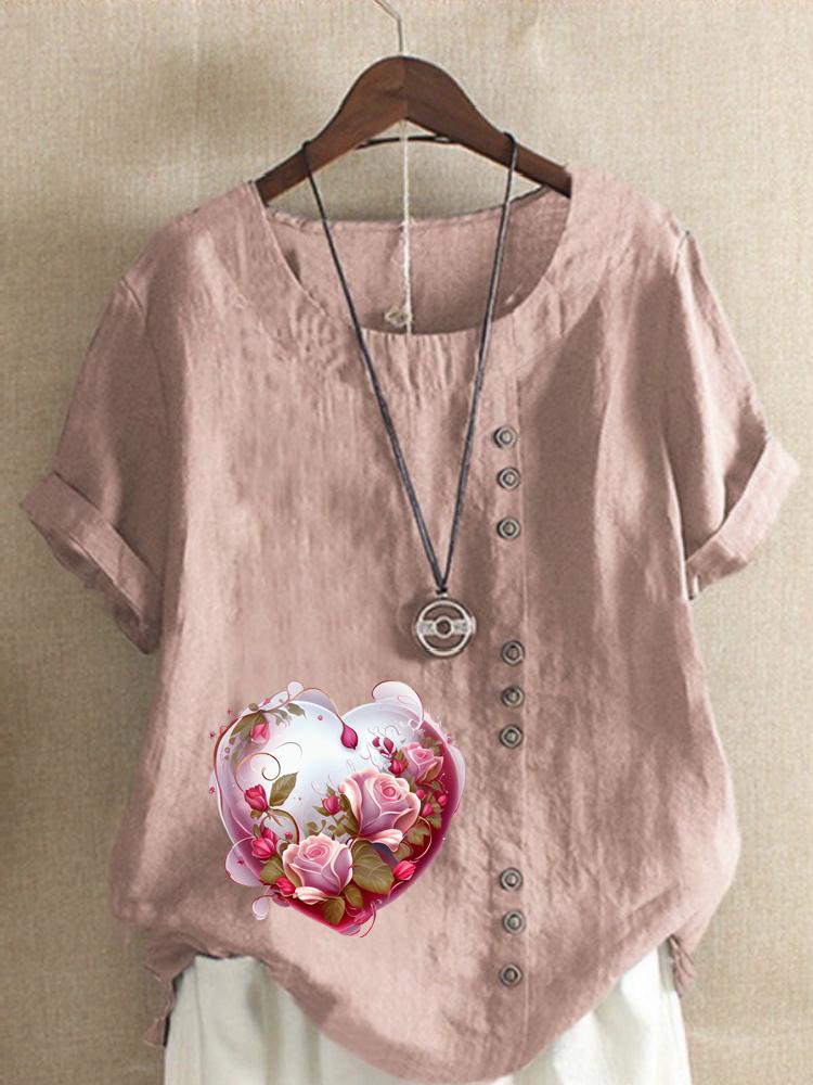 Women's Fashion Love Shaped Pattern Print Shot Sleeve T-shirt Loose Cotton Shirt Casual Loose Summer Plus Size Blouse Tops