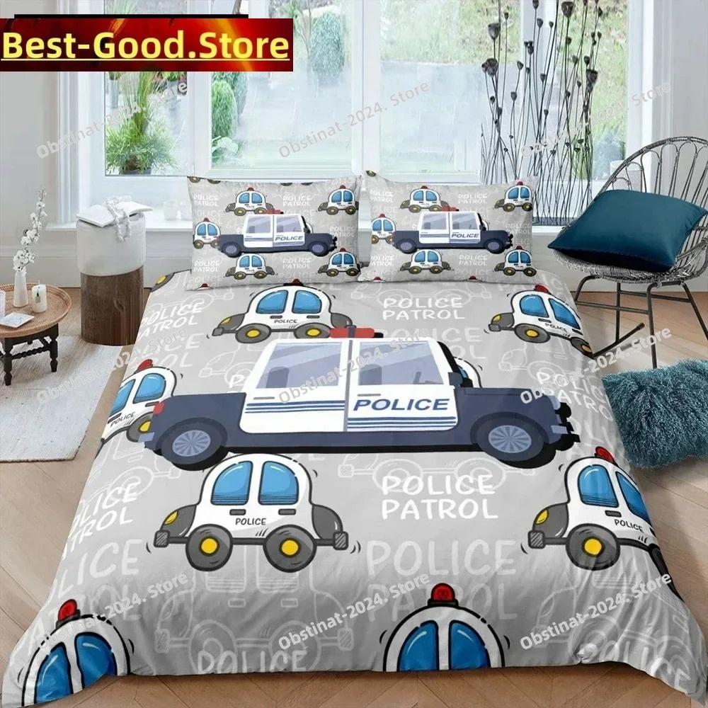 Copripiumino King Queen Auto della Polizia Set Biancheria da Letto Auto Cartone Animato Bambini Ragazzi Blu Grigio Veicoli di Emergenza Copripiumino in Poliestere