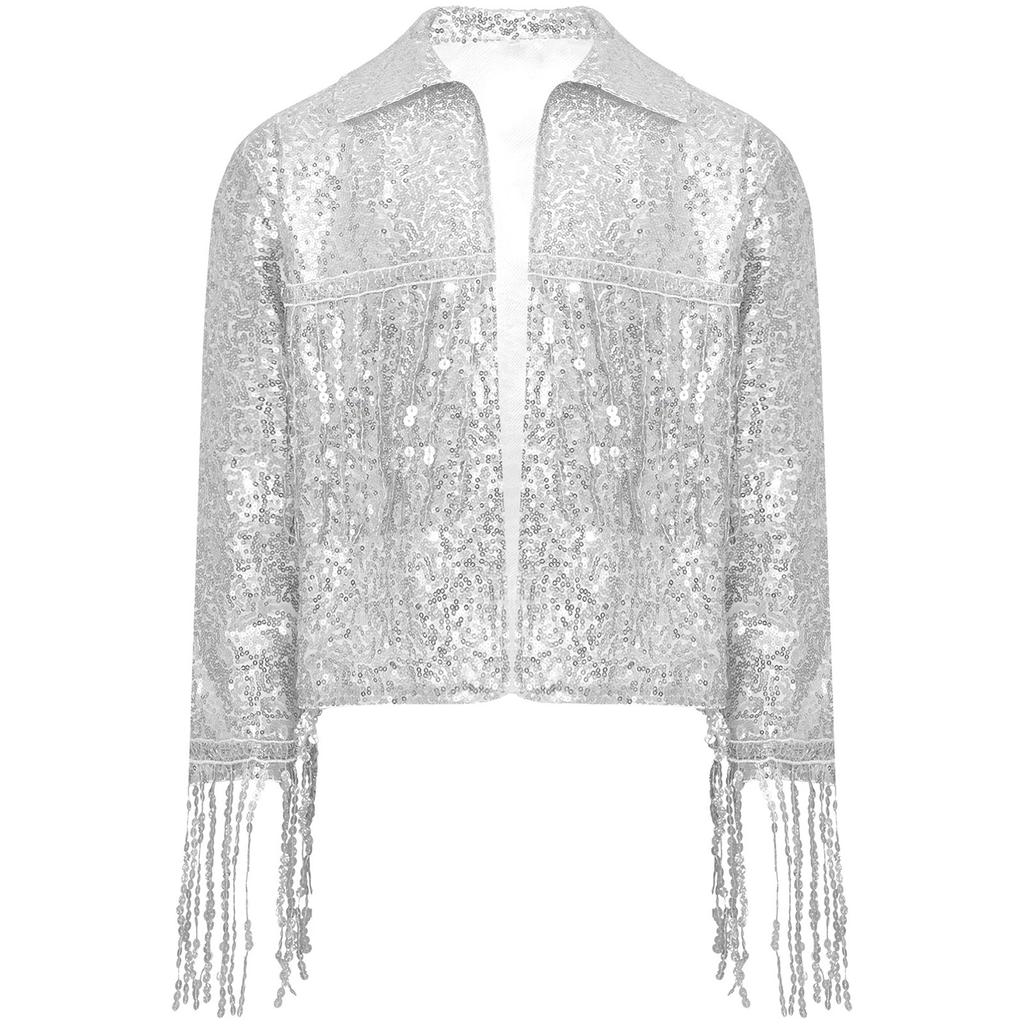 Mädchen Party Jacke Glitzernde Pailletten Quasten Detail Langarm Offen Vorne Bühnenkostüm Mantel