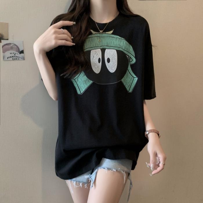 

Нишевая футболка с коротким рукавом и открытыми плечами из чистого хлопка женская летняя оверсайз свободная с рукавом до локтя маленький человечек на одежде S чёрный