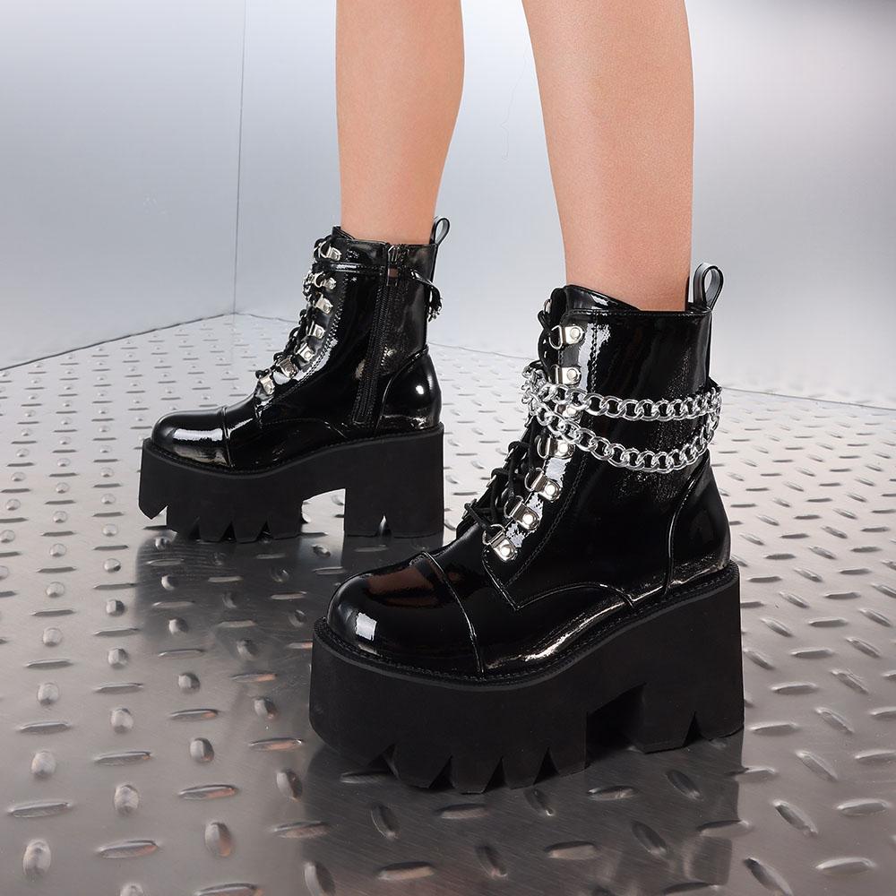 Women Gothic Ankle Thick Platform Metal Chain Decor Punk Chunky High top Heeled Motorcycle Short Fashion Stylis