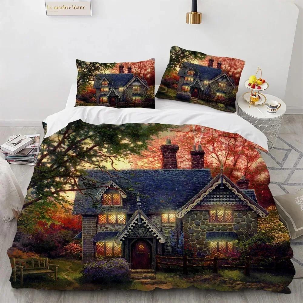 Beautiful Painting House Tree Comfortable Duvet Quilt Cover Pillowcase Bedding Set Children Bedroom Decoration Home Textile