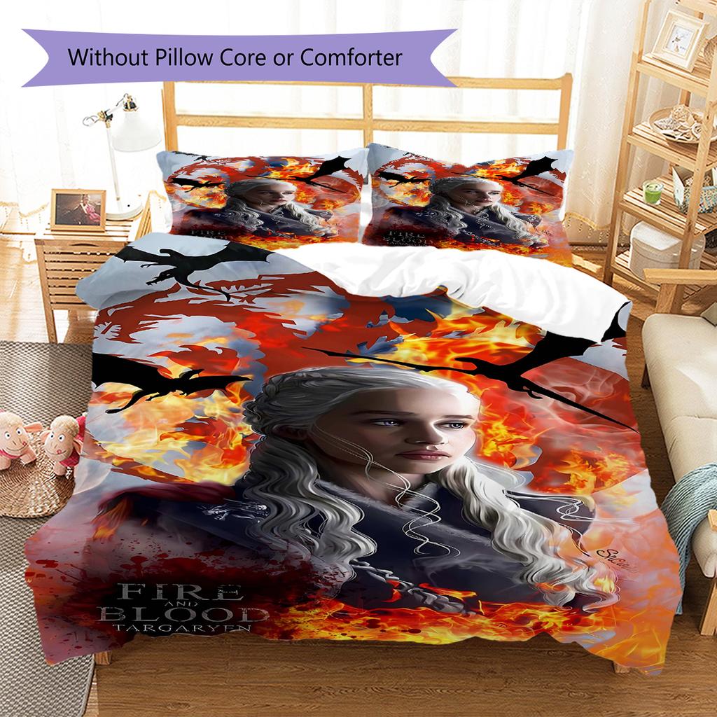 Thrones Game Pattern Bedding Quilt Set Quilt Cover Pillowcase Home Decoration Gift (1 * Duvet Cover + 2 * Pillowcase, Without Core)