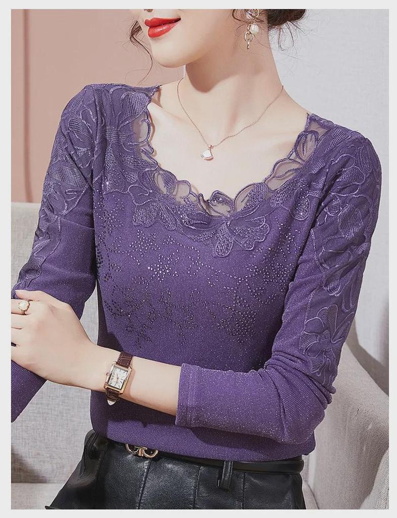 2024 Women's Plus-Size Long Sleeve Lace Mesh Warm Shirt