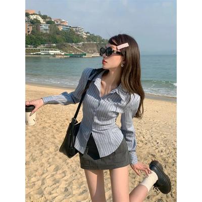 Women Korean Polo Collar Striped Shirts Women New Shirt Waist Hugging Slimming Design Sense  Versatile Top Long Sleeve Blouse