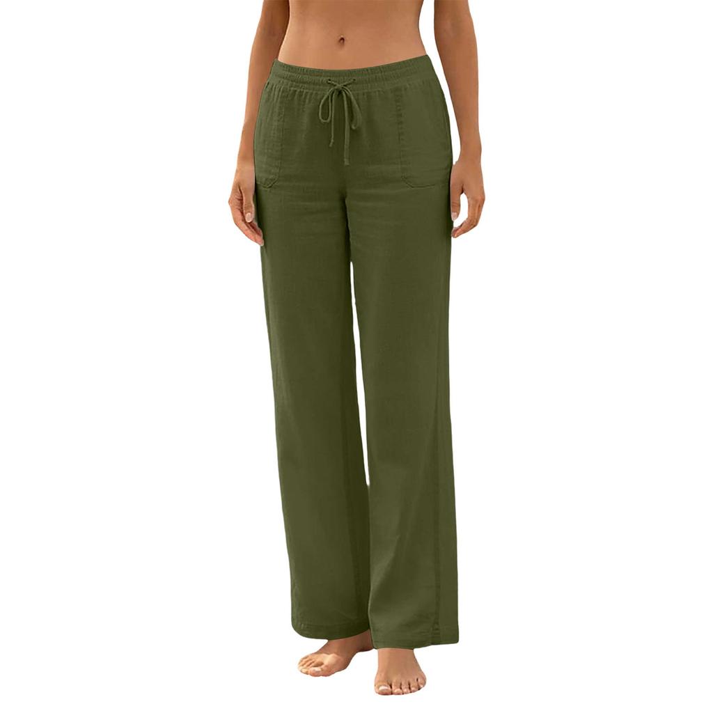 Pantaloni Casual da Donna a Vestibilità Larga con Coulisse in Vita, Tasche, Gamba Larga, Lunghezza Intera, in Misto Cotone e Lino, per l'Uso Quotidiano