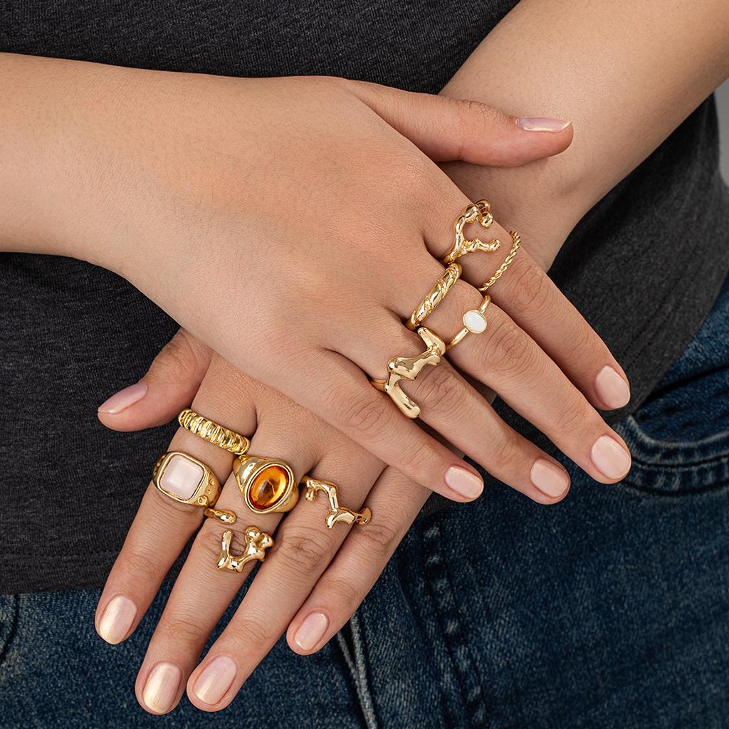 Vintage-style Irregular Metal Ring Set, Light Luxury Gold-colored Faux Gemstone Rings