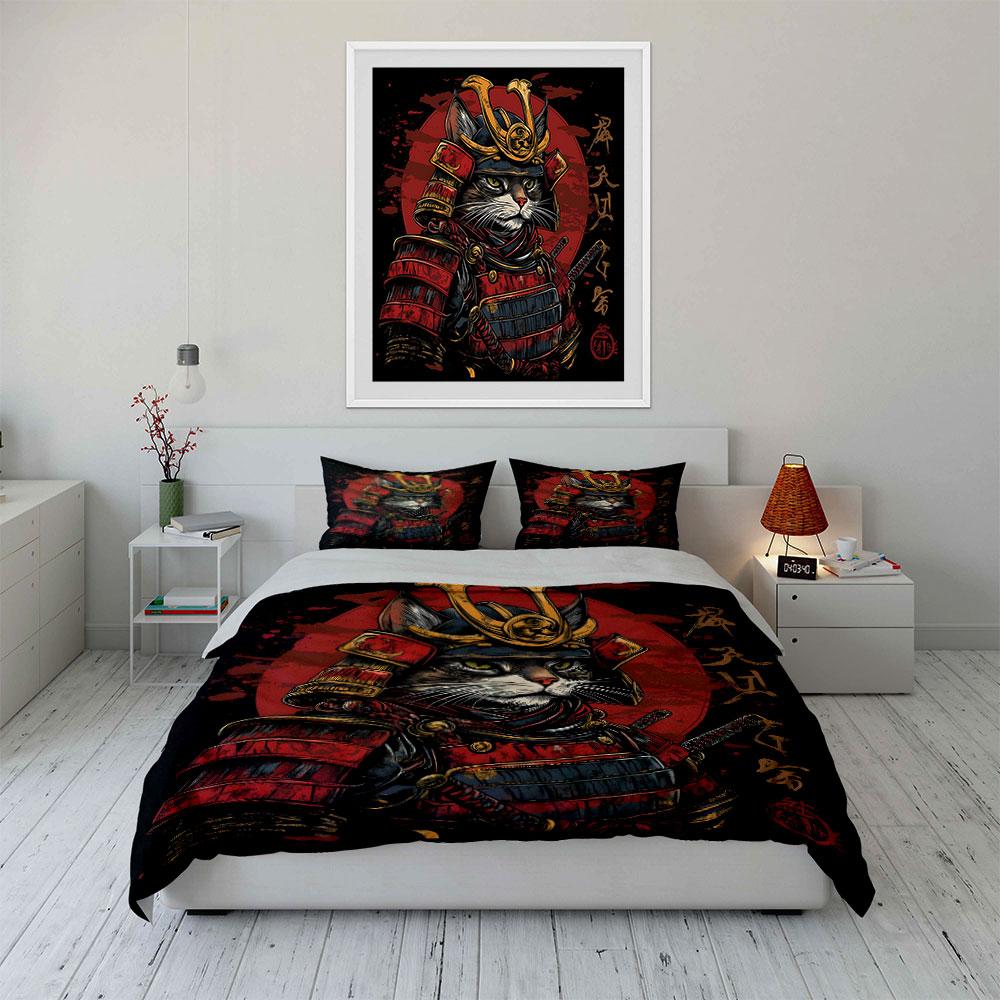 Samurai Katze Kunst Set Dekor Mehrere Größen Kinder- und Schlafzimmer für Erwachsene Exquisites 3-teiliges Bettwäsche-Set Geschenk