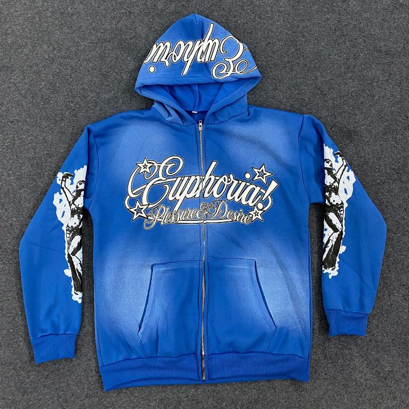 Autumn High Street Trendy Unique Letter Printed Harajuku Round Neck Zipper Hoodie S