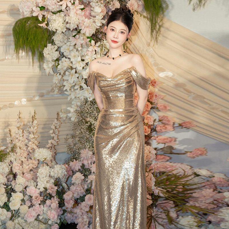 

French style off-Shoulder Dress for Toast Gold Sequined Banquet Fishtail High end Niche Bride Engagement Evening dress Dress Gold S