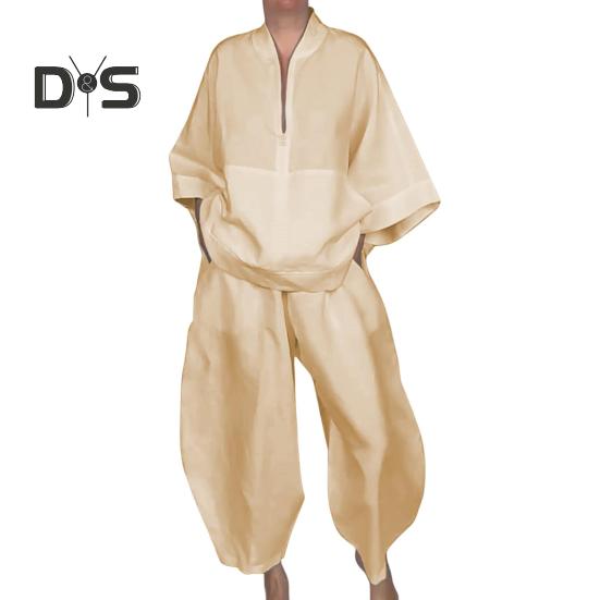 

Женский комплект из 2 предметов, рубашка и брюки, полузастежка-молния, воротник-стойка, рукава девятый, широкие брюки, свободный однотонный комплект, повседневная одежда M жёлтый