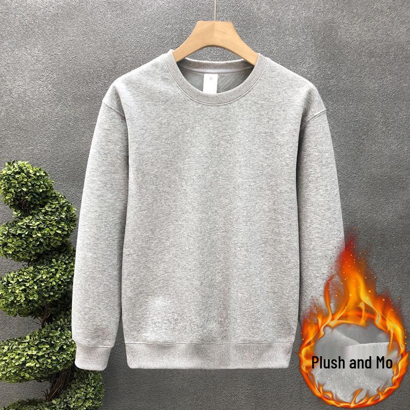 Men's Winter Fleece-Lined White Sweatshirt: Simple Solid Color, Round Neck, Long Sleeve, No Hood, Perfect for Spring and Autumn.