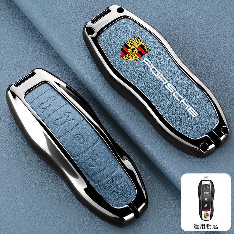 4 Knoppen Zinklegering Leer Auto Afstandsbediening Sleutelhoes Cover Shell voor Porsche Macan EV Taycan Panamera Macan 911 Cayenne 718 Sticker
