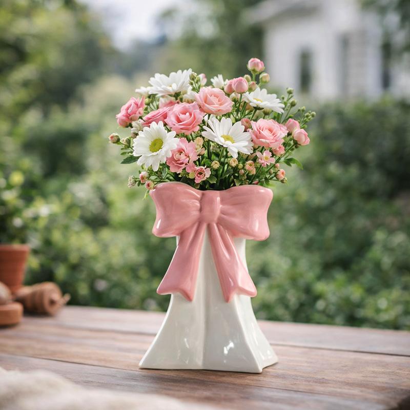 Ceramic Vase Hand-held Flower Arrangement Creative Bow Ceramic Vase Living Room Decor Artificial Flower Container Birthday Gift