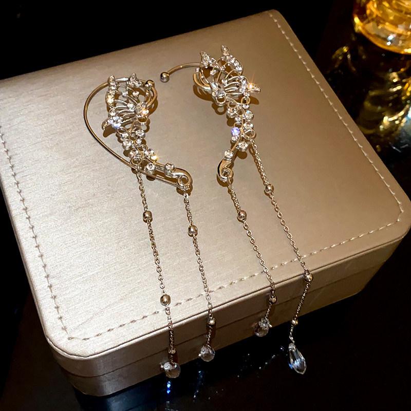 Elegant Rhinestone Flower & Water Drop Tassel Earrings - High-End Fashion Ear Cuffs
