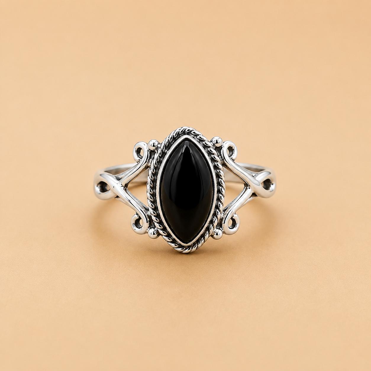 

Black Onyx Marquise Ring in 925 Sterling Silver, Gothic Statement Ring, Handmade Boho Gemstone Jewelry for Women 4 серебряный
