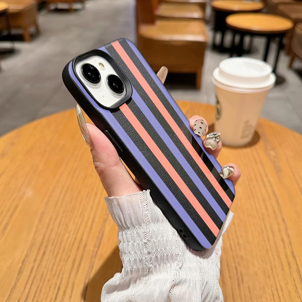 Fashion Two Tone Stripe Phone Case For Iphone 17 Air 16 16e 15 14 11 13 12 Pro Max Aesthetic Shockproof Leather Vintage Cover