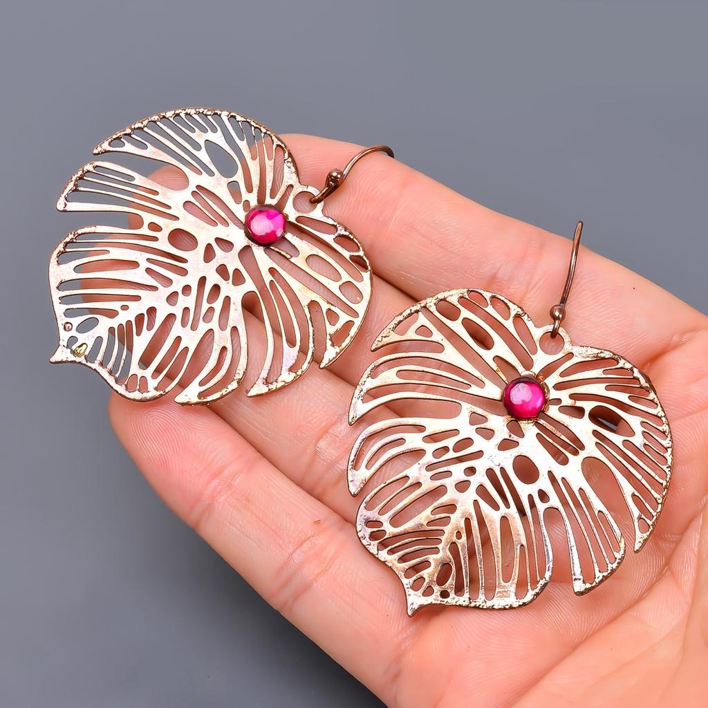 Naturalne Różowe Rubinowe Haczyki Galwanizowane Wiszące Kolczyki Prezent dla Żony Biżuteria Miedź V-49