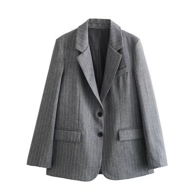 Vintage Notched Neck Long Sleeves  Women Fashion with Pockets Striped Single Breasted Blazer Chic Lady Outfits Plus Size