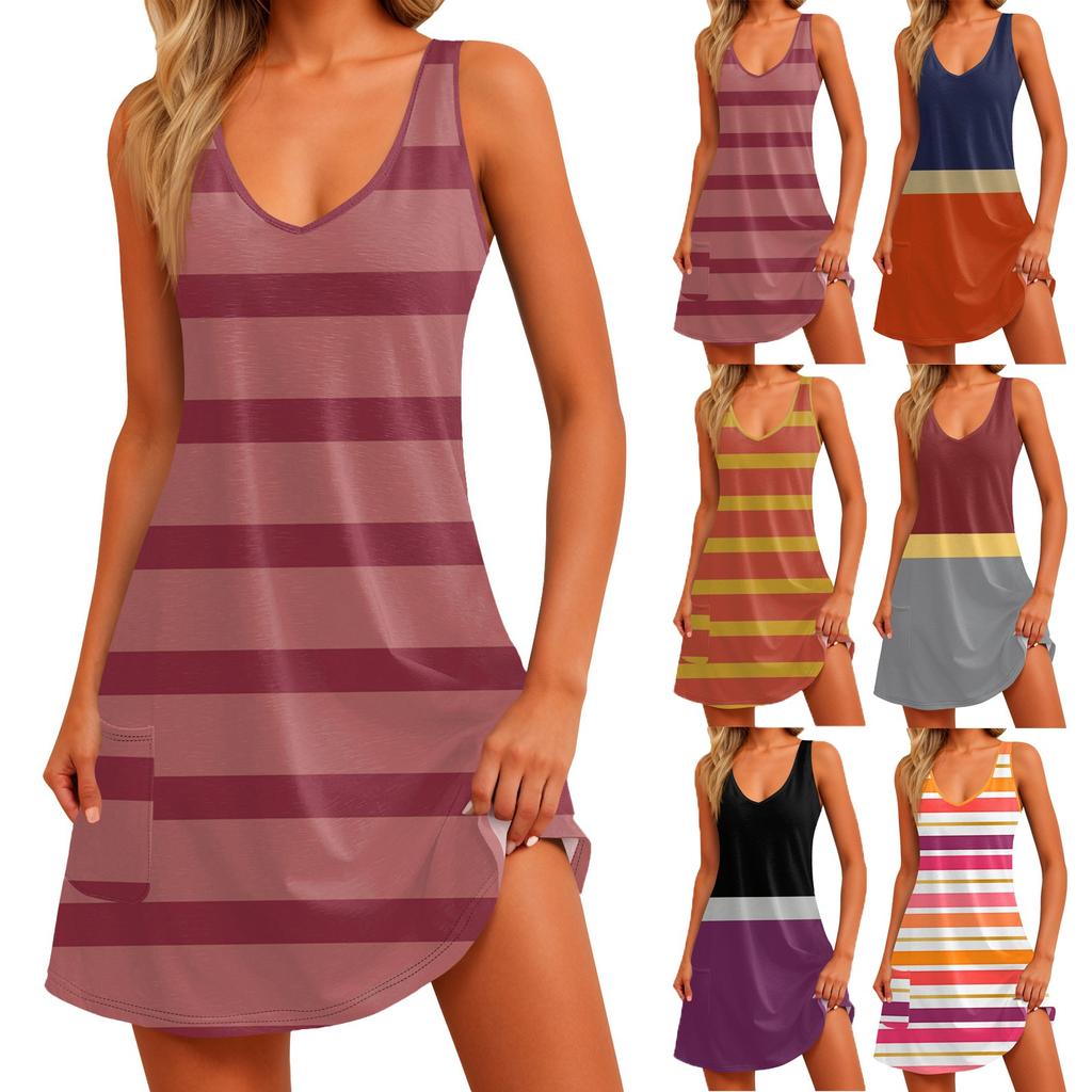 Women's Casual Print Summer Bohemian Beach Dress With Pockets V Neck Tank Dress