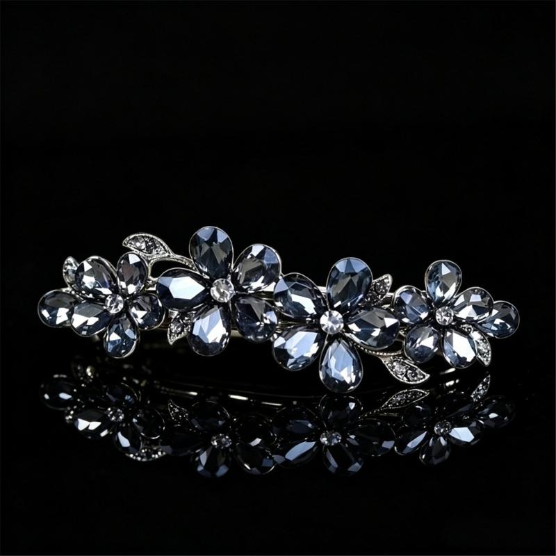 2-Piece Spring Hair Barrette Set Hairpin with Faceted Flowers and Leaf Trim for Holiday, Wedding and Stage Hairstyles