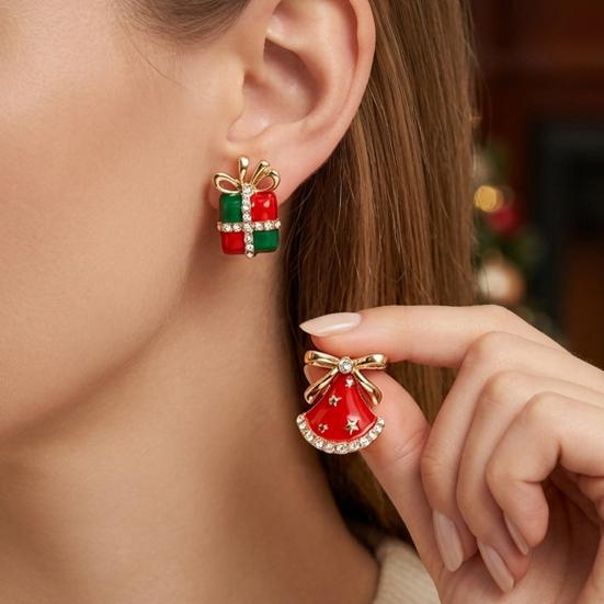 Asymmetrical Christmas Earrings 1 Pair Enamel Rhinestone Stud for Women, Dress Festive Party Accessories And Gift Box Earrings, Sparkling Holiday