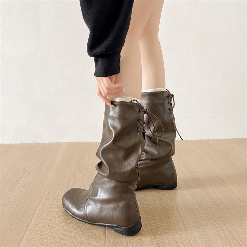 Queen Fan Retro Square Head Flat Bottom Sports Boots Children's 2025 New Autumn Versatile Skinny Stacking Boots