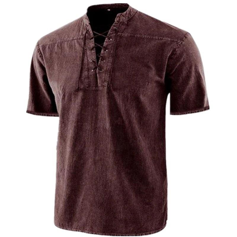 Summer Men's Cotton Linen 100% Shirt Solid Color Lace-up Turn-down Collar Shirt Linen Shirt Top