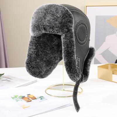 Neue Winter Männer Rex Kaninchenfell Bombermütze Ushanka Kappe Trapper flauschig Mann Skimützen Kappen Echtes Schaffell Leder