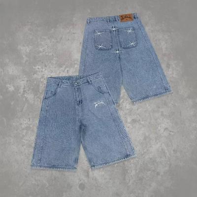 ZYLLO Street Geometry Graphic Embroidery Baggy Denim Shorts Y2k Retro Hip Hop Trendy Gym Basketball Shorts Men Women Jorts