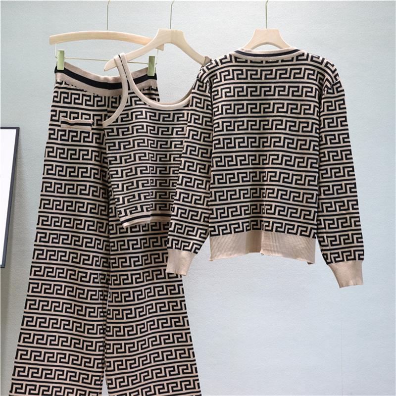 Autumn And Winter Jacquard Knitted Cardigan Women's Suit Jacket Vest And Pants Three Piece Set