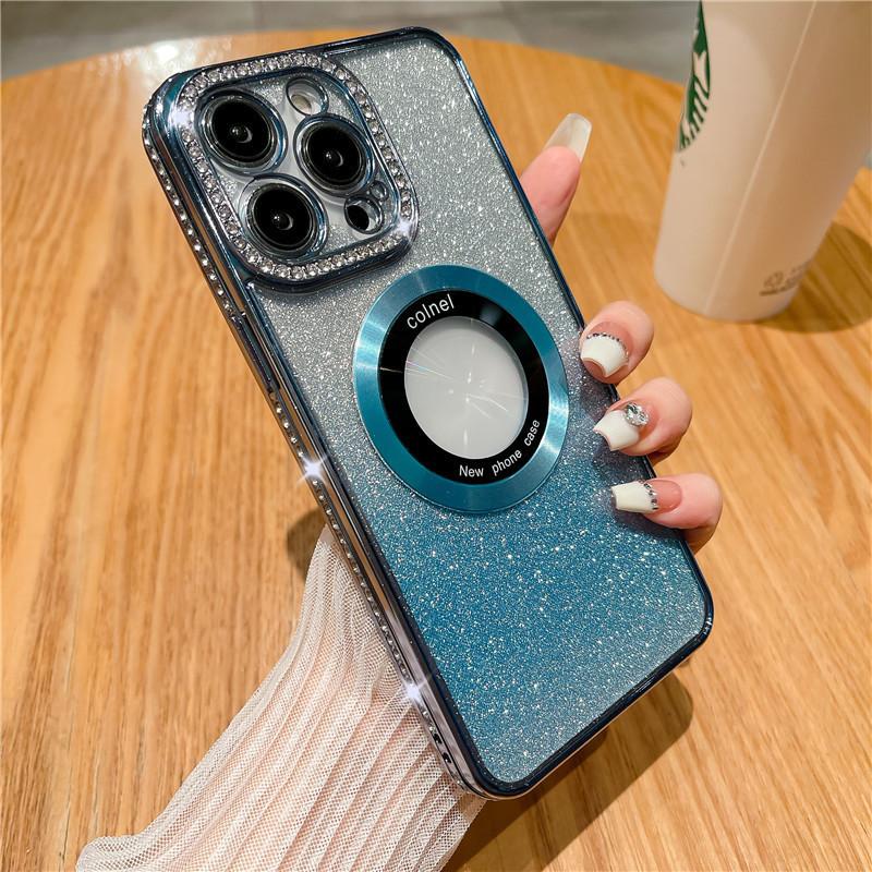 Applicable To IPhone16 Mobile Phone Case Electroplating Edge Drilling Apple 15promax Magnetic Sleeve 13/14 Gradient Glitter