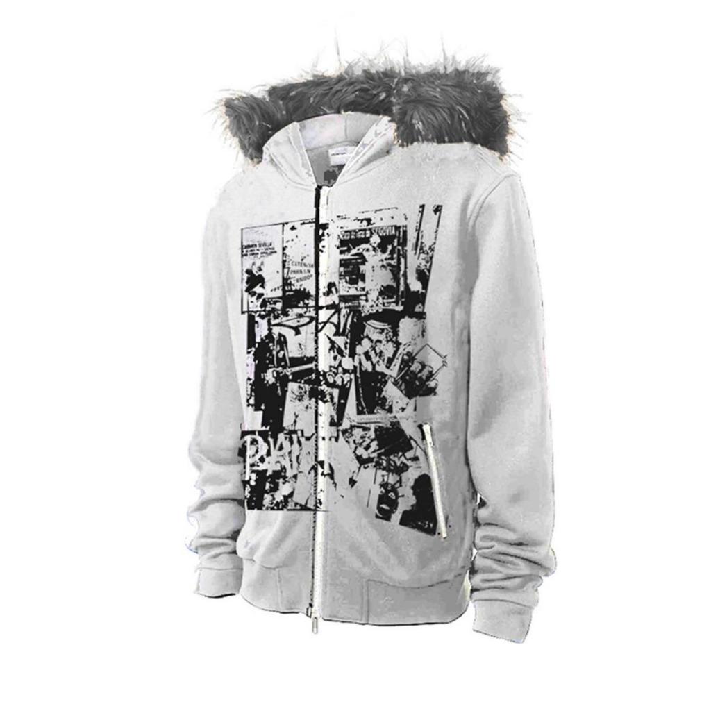 2KWEIRD Faux Coats Women Graphic Jacket with Hooded Fleece Fur Hoodie Edgy American Retro Street Style and Y2K Fashion Top