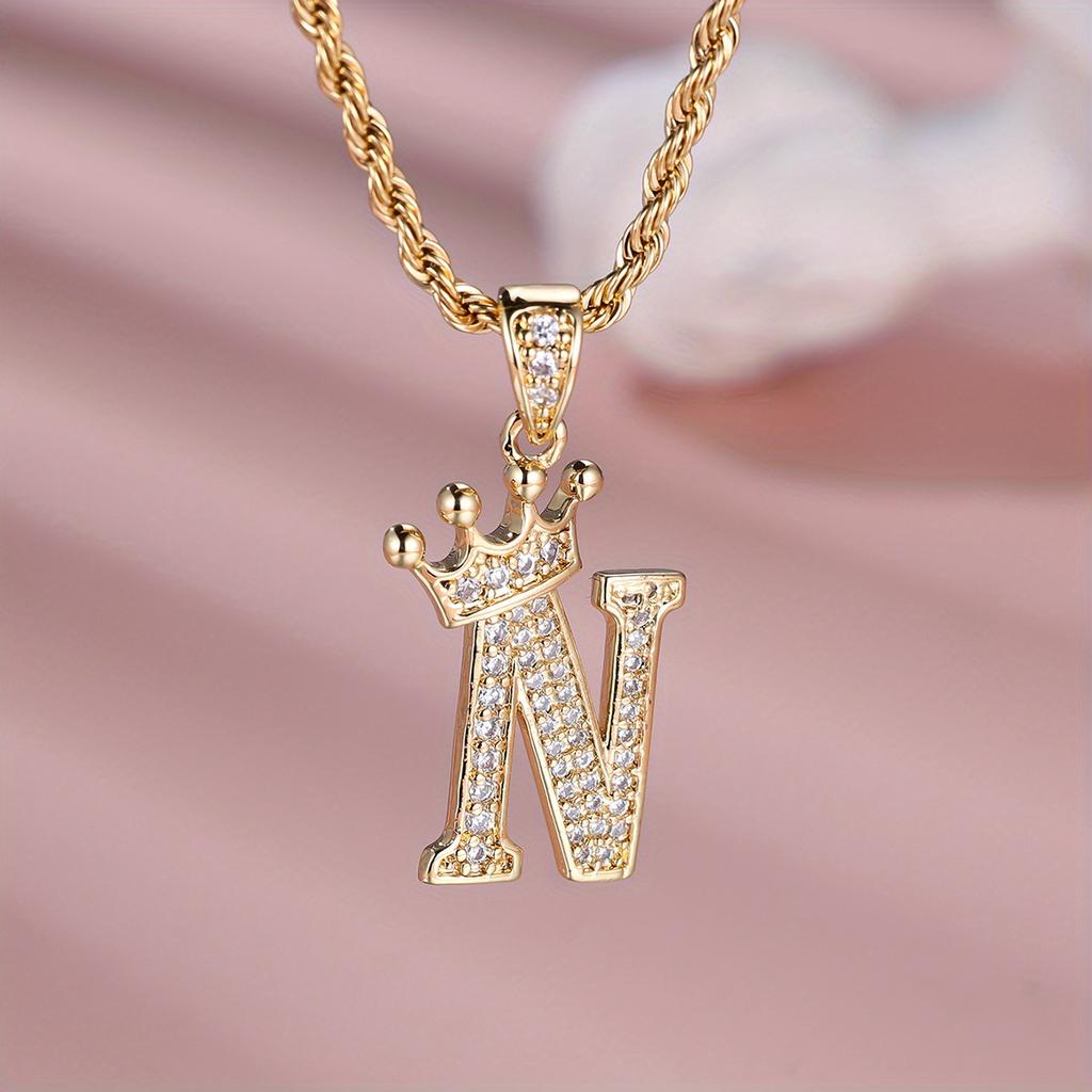 1 Pc Golden Color 26 English Letter Princess Crown Necklace Pendant Wedding Band Jewelry Valentine's Day Gift