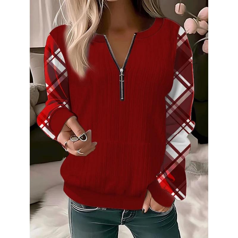 Autumn and Winter Women's Plus Size Long Sleeve Pullover Printed V-Neck Zip Top